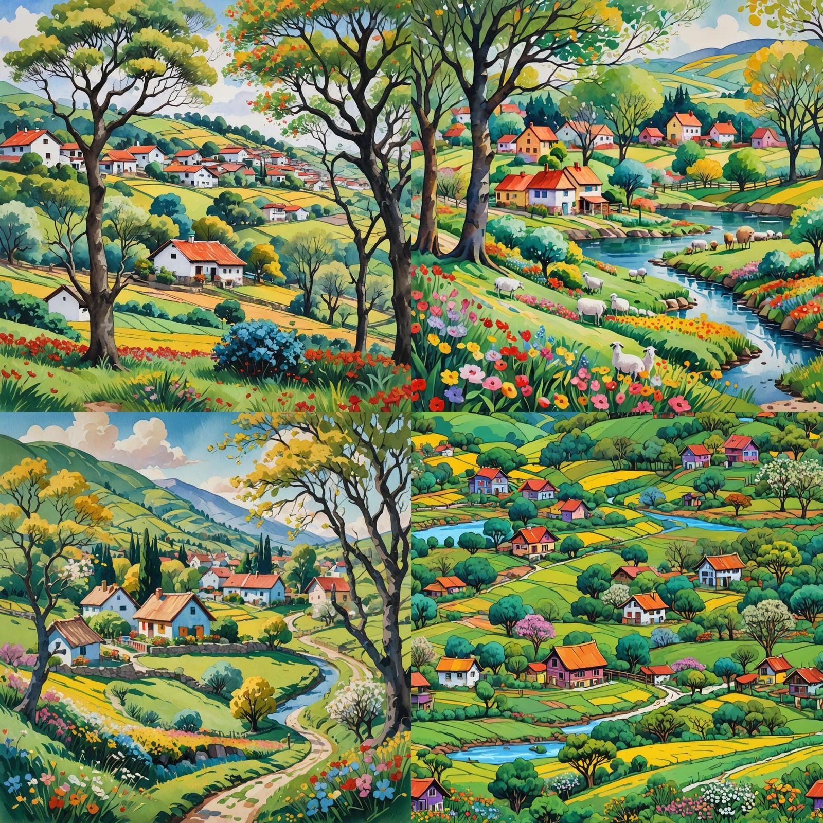 Colombian Village in Spring: Watercolor Digital Art
