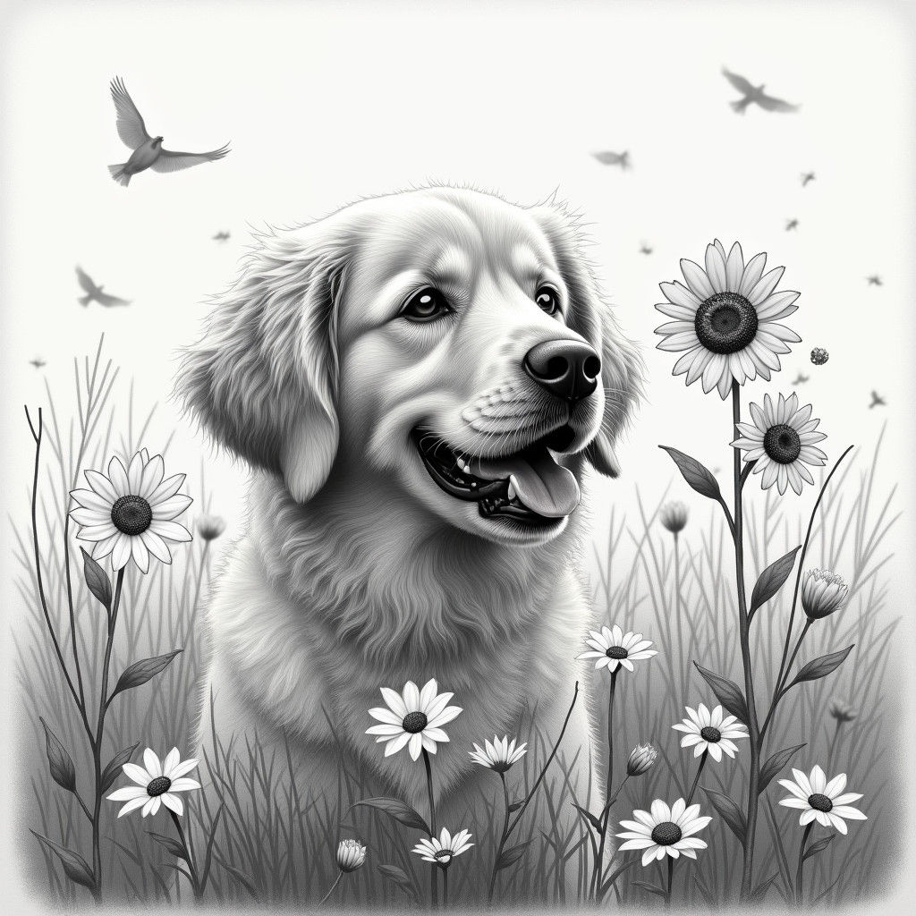 Golden Retriever in Daisy Field: Charcoal Drawing