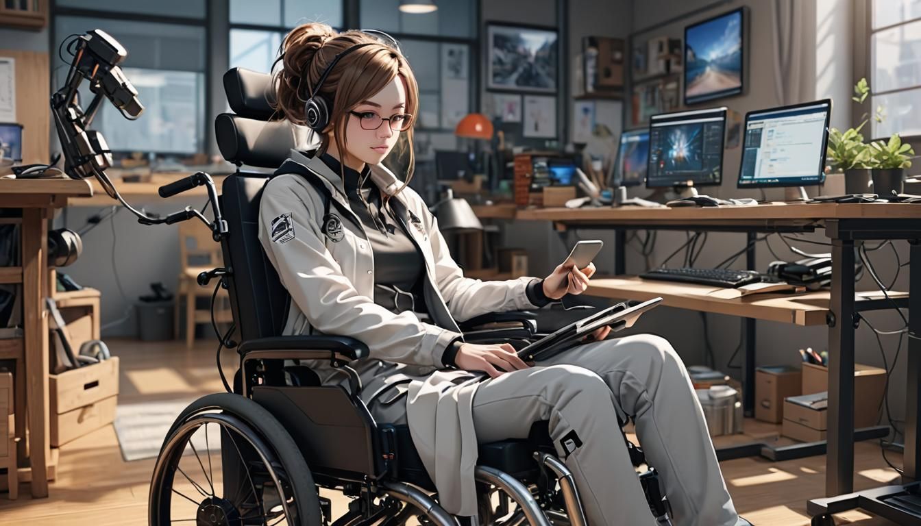 Anime Style Paraplegic Woman Working on Computer