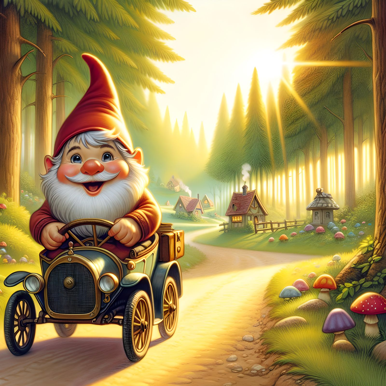 Cute whimsical gnome driving his antique car