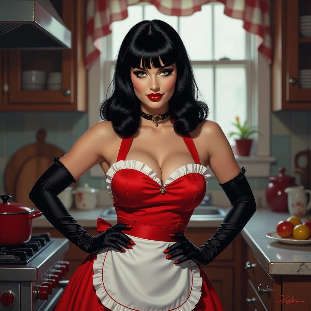 Rubenesque Vampire with Bettie Page Bangs in Vintage Kitchen