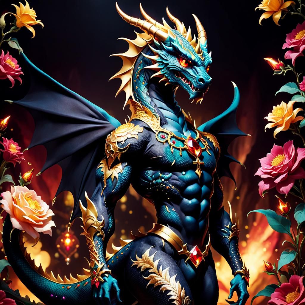 Muscular Fabric Dragon with Tattoos and Jewelry