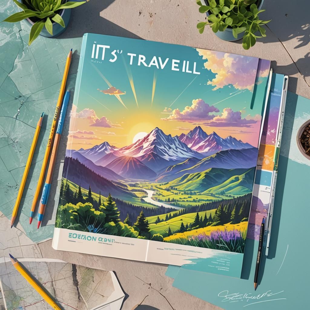 Mountain Landscape Travel Magazine Cover in Synthwave Style