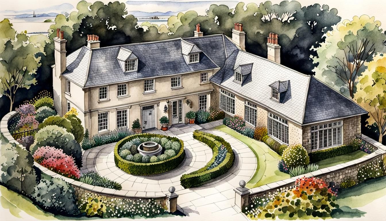 British Manor House: 1960s Architectural Sketch