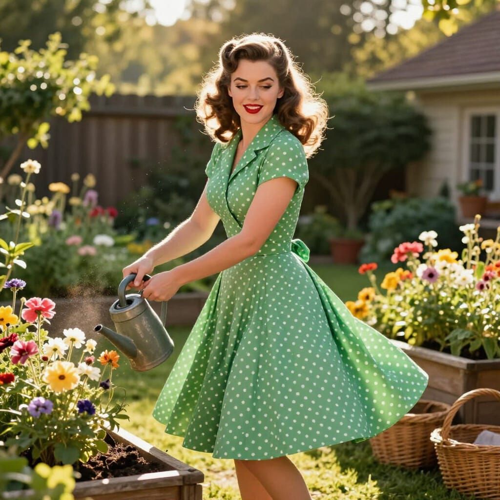 1950s Pin-Up Woman Tends Lush Garden at Golden Hour
