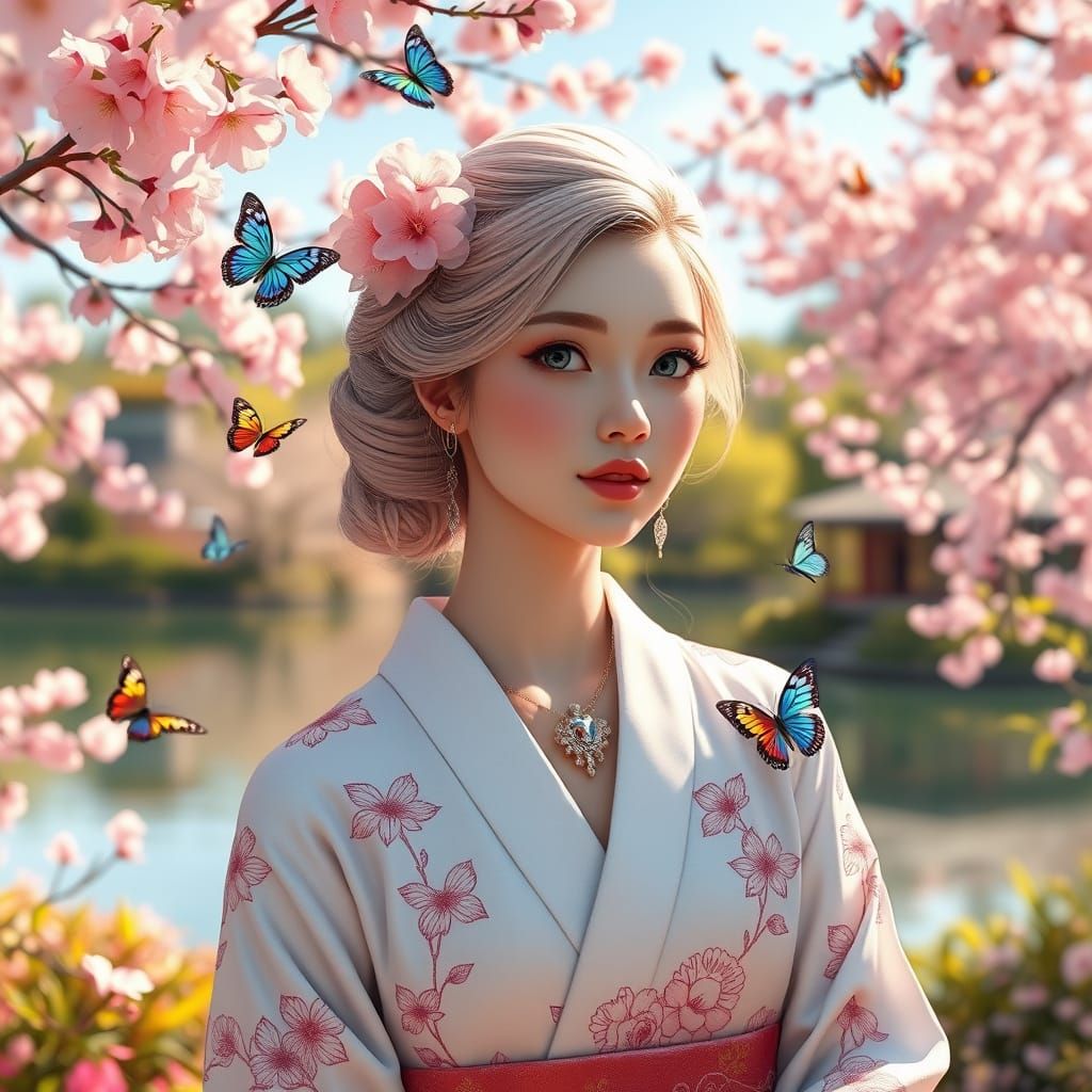 Breathtaking Japanese Goddess in Cherry Blossom Garden