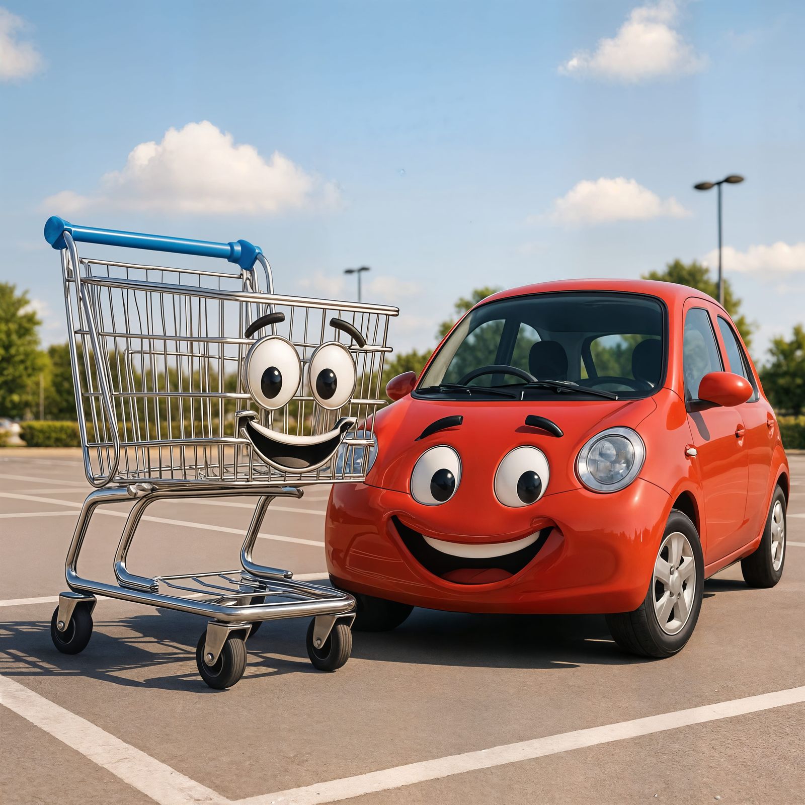 CGI Shopping Cart and Car Friends in Parking Lot