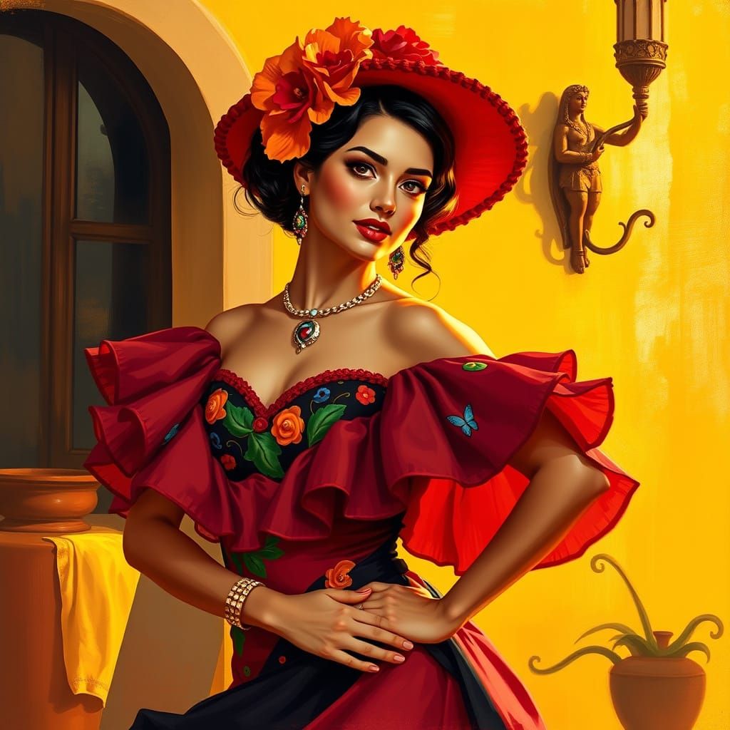 Spanish Senorita in Flamenco Dress, Vibrant Art
