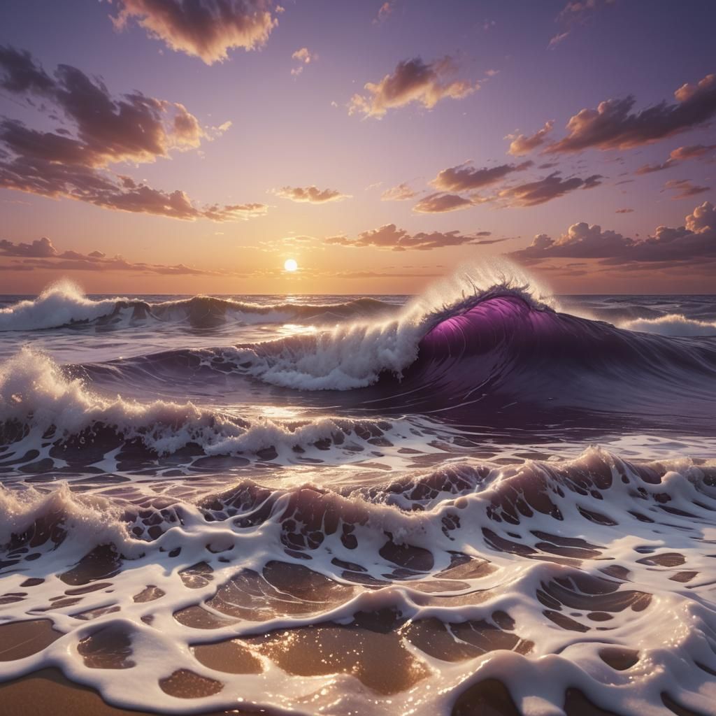 Enormous Purple Wave Rolls Toward Gigantic Sunset