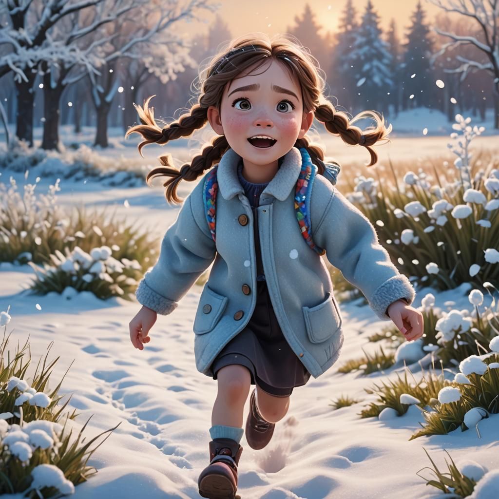 Girl Chasing Puppy in Winter Wonderland: Pixar-style Digital...