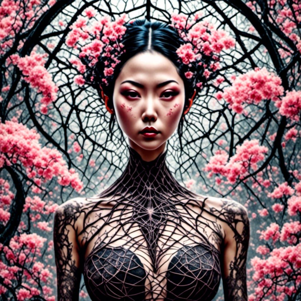 Gothic Asian Beauty with Spiderweb Heart