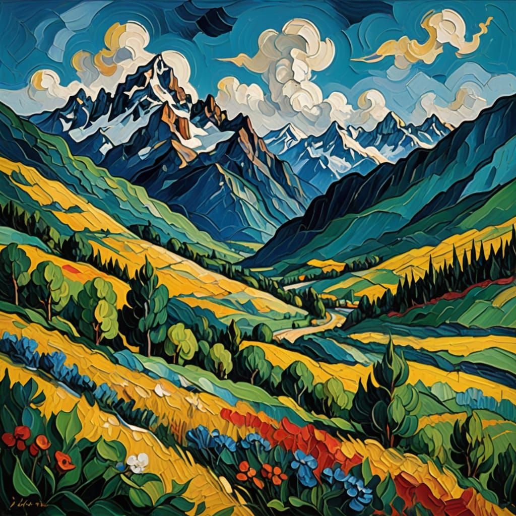 Majestic Indian Peaks in Vibrant Brushstrokes