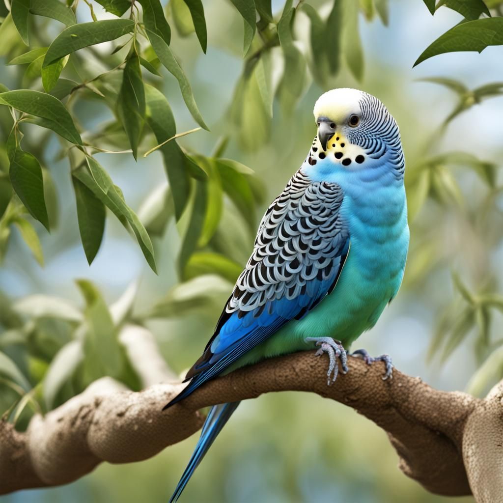 Blue Budgie in Green Tree