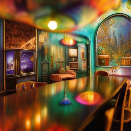 Intricate Cafe Scene in Retro-Futuristic Style
