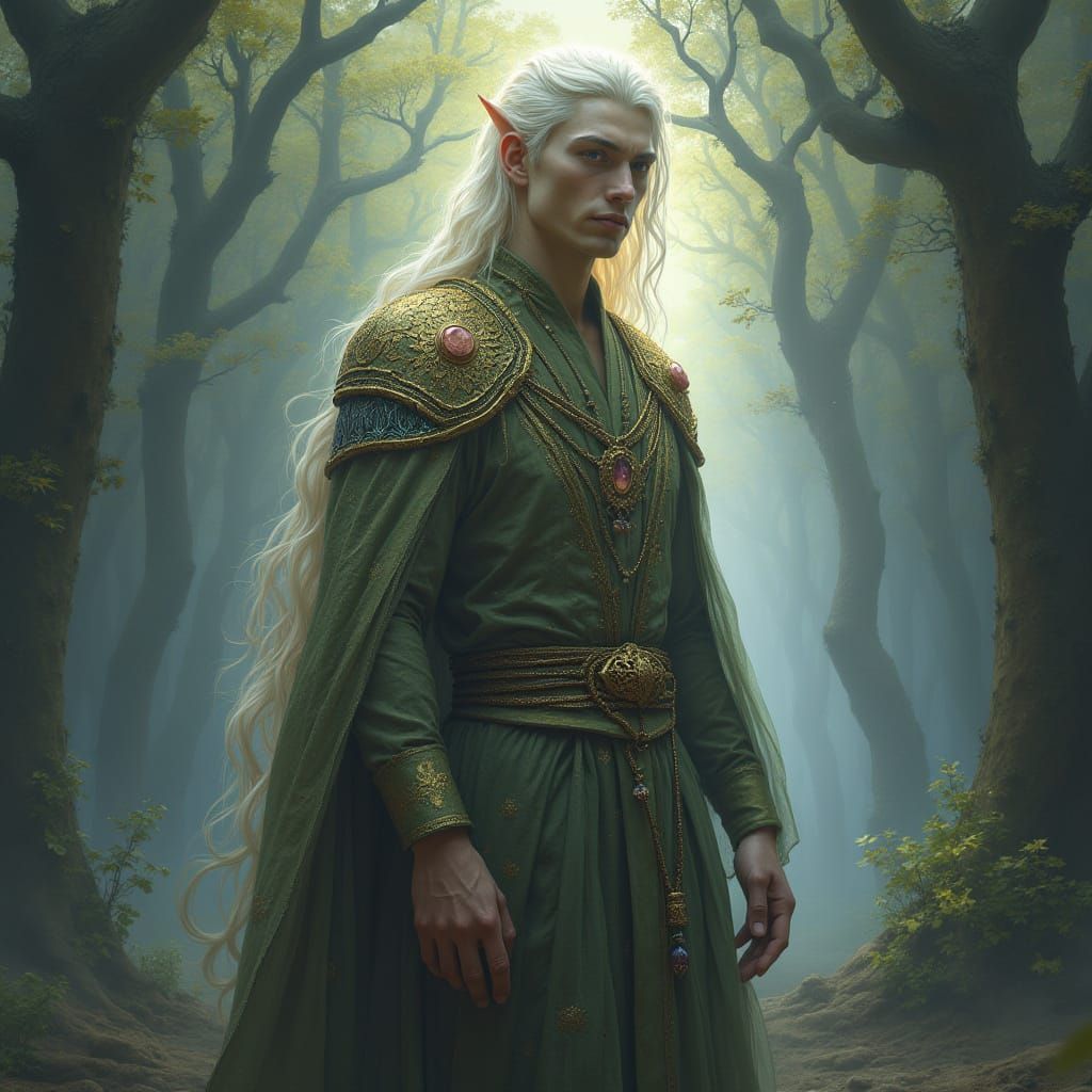 Eladrin in Mystical Forest, Muted Realism