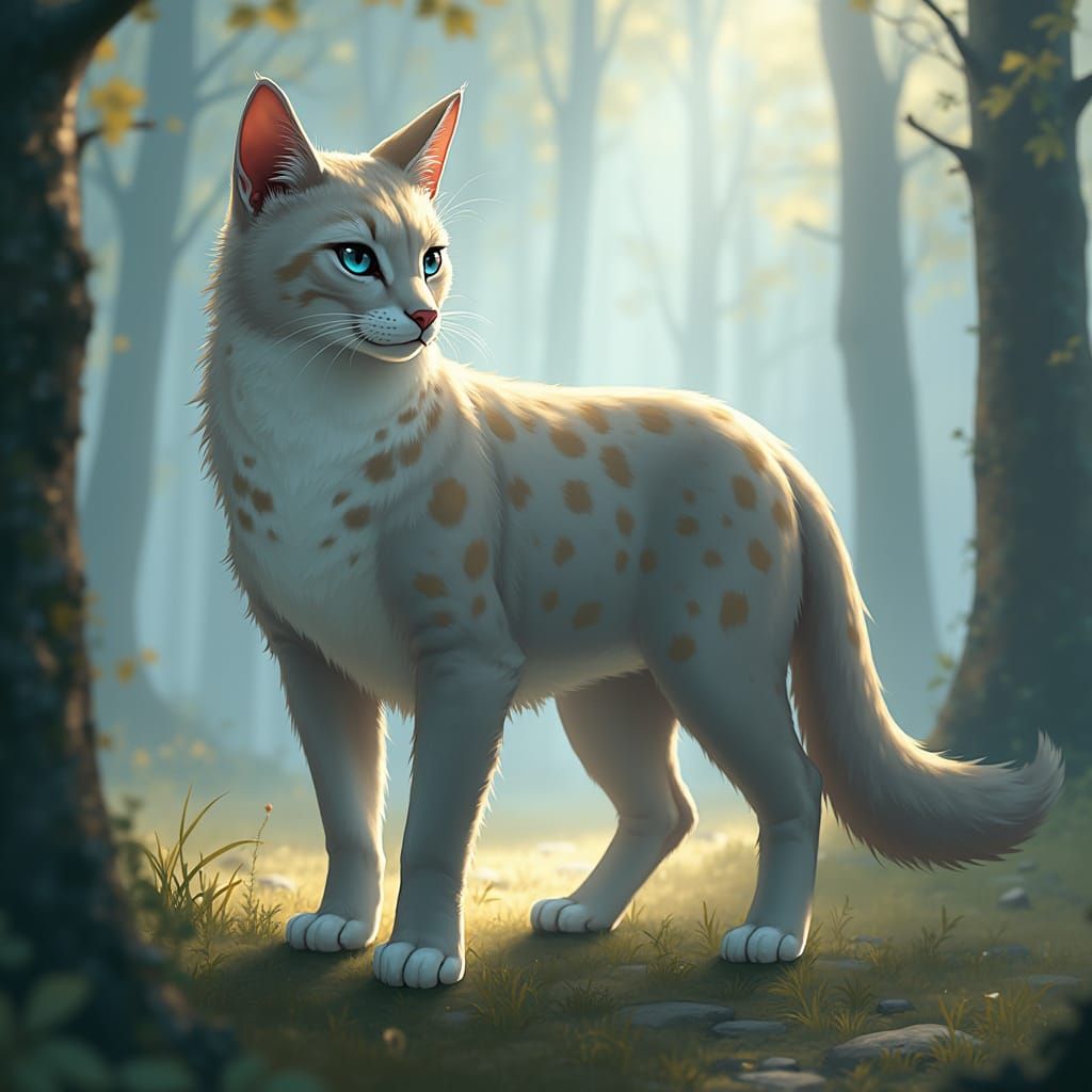 Dappled Warrior Cat in Misty Forest, Digital Art