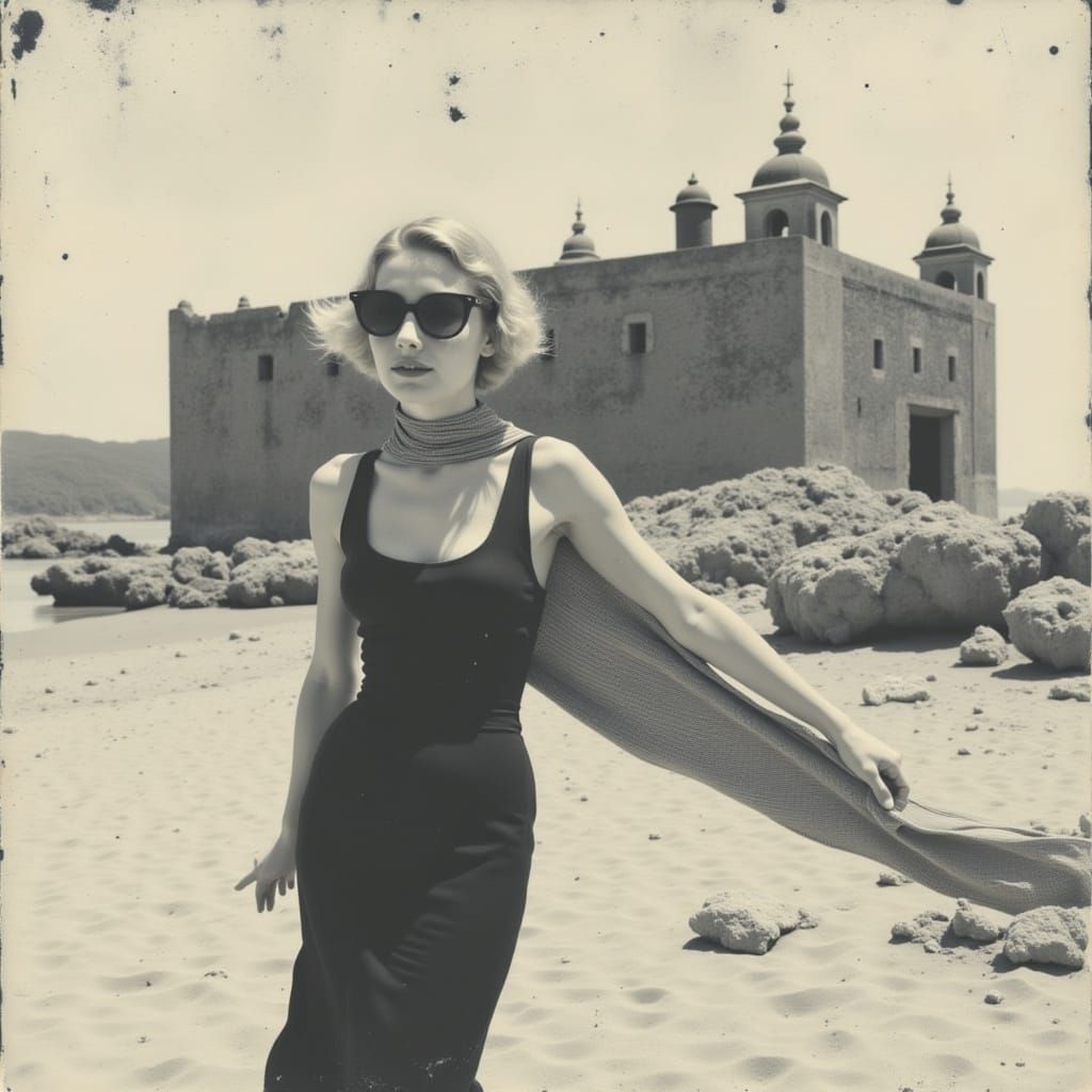 1950s Model on Beach with Moorish Fort