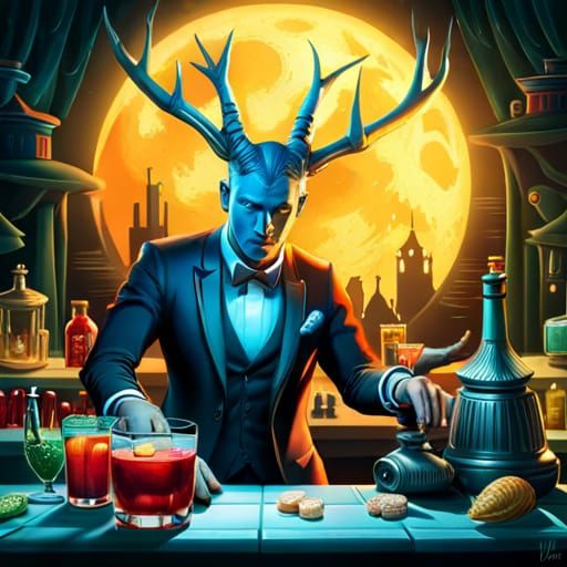 Intricate Insectoid Bartender in Mystical Setting