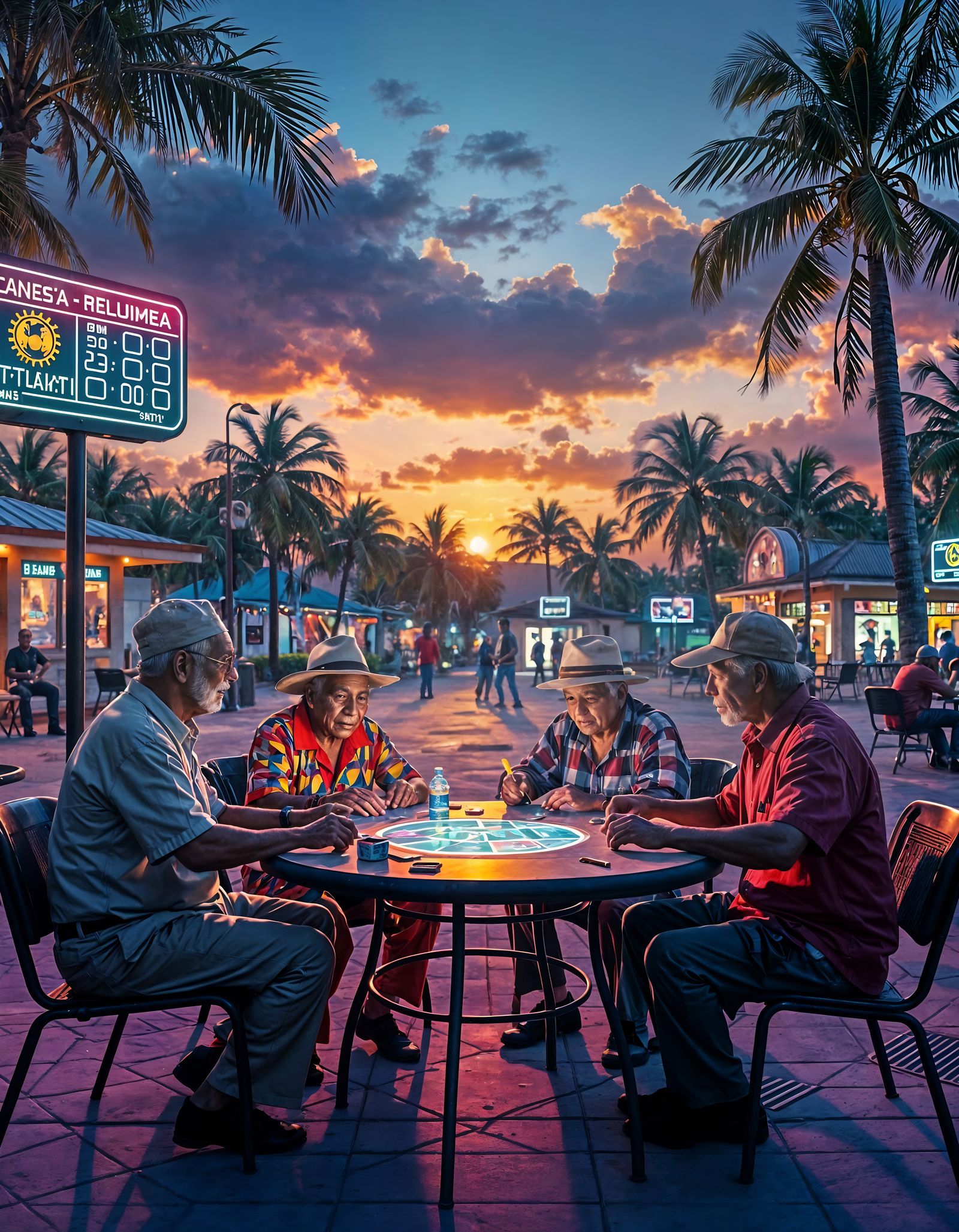 Futuristic Belizean Elders Play Canasta: Cyberpunk Digital A...