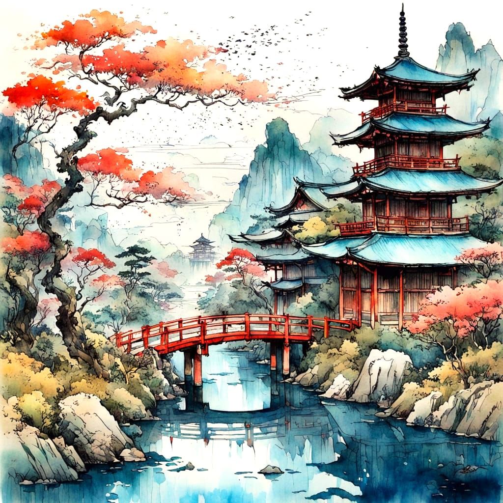 Japanese Temple Landscape in Traditional Style