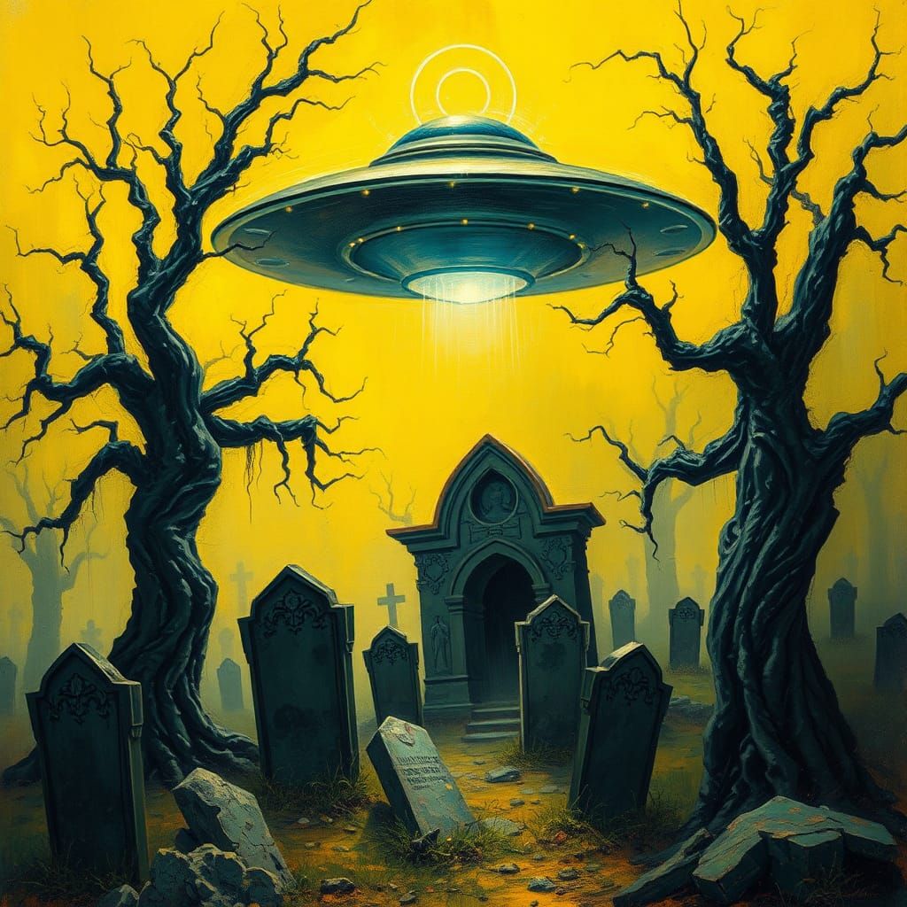 UFO over Graveyard in Abstract Biomechanical Style