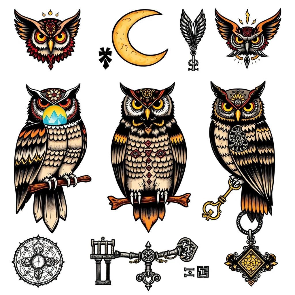 Mystical Owls Flash Tattoo Sheet in Traditional Style