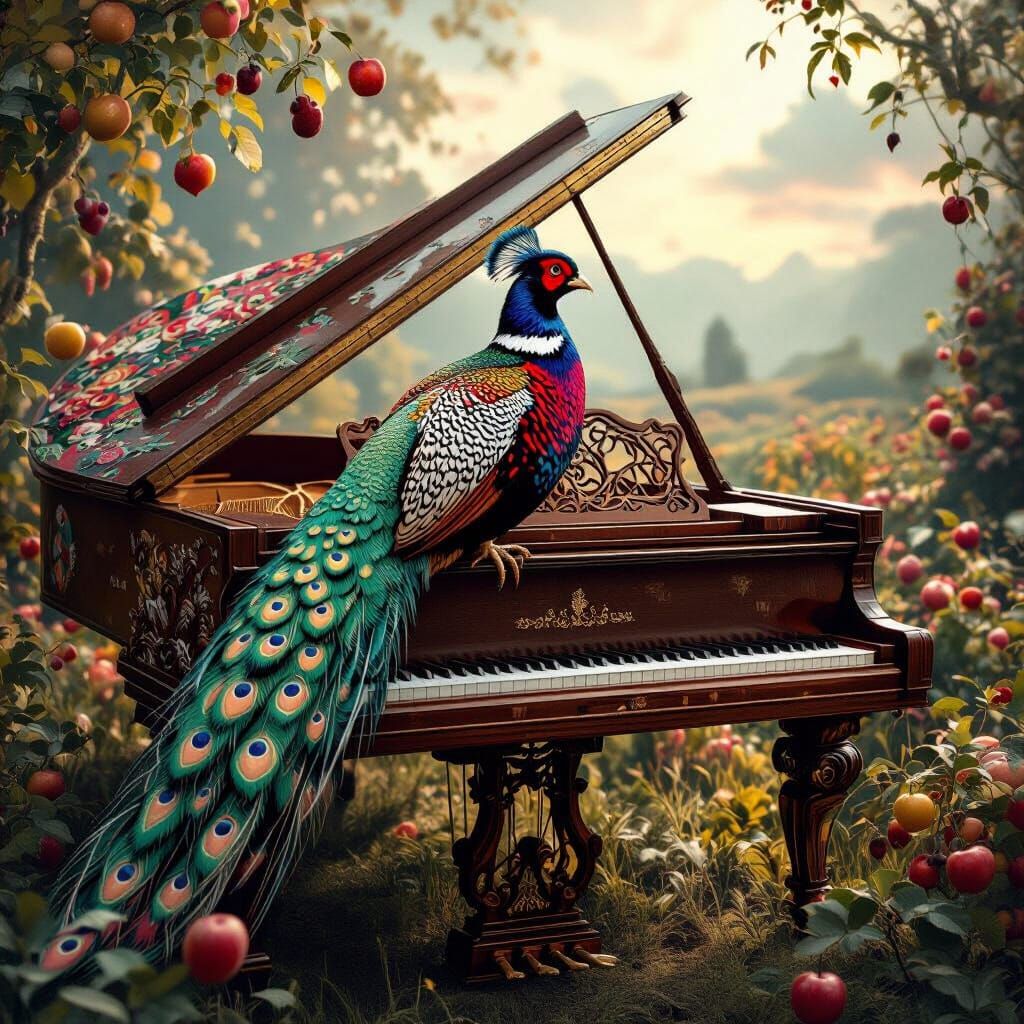 Pheasant on Piano: Ornate, Vivid, Dramatic Digital Art