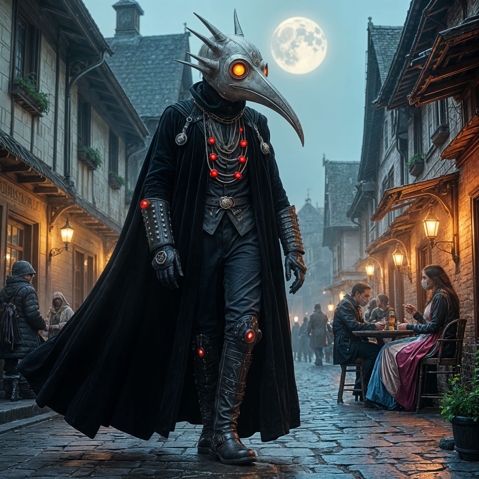 Plague Doctor Strolls Through Futuristic Village Square