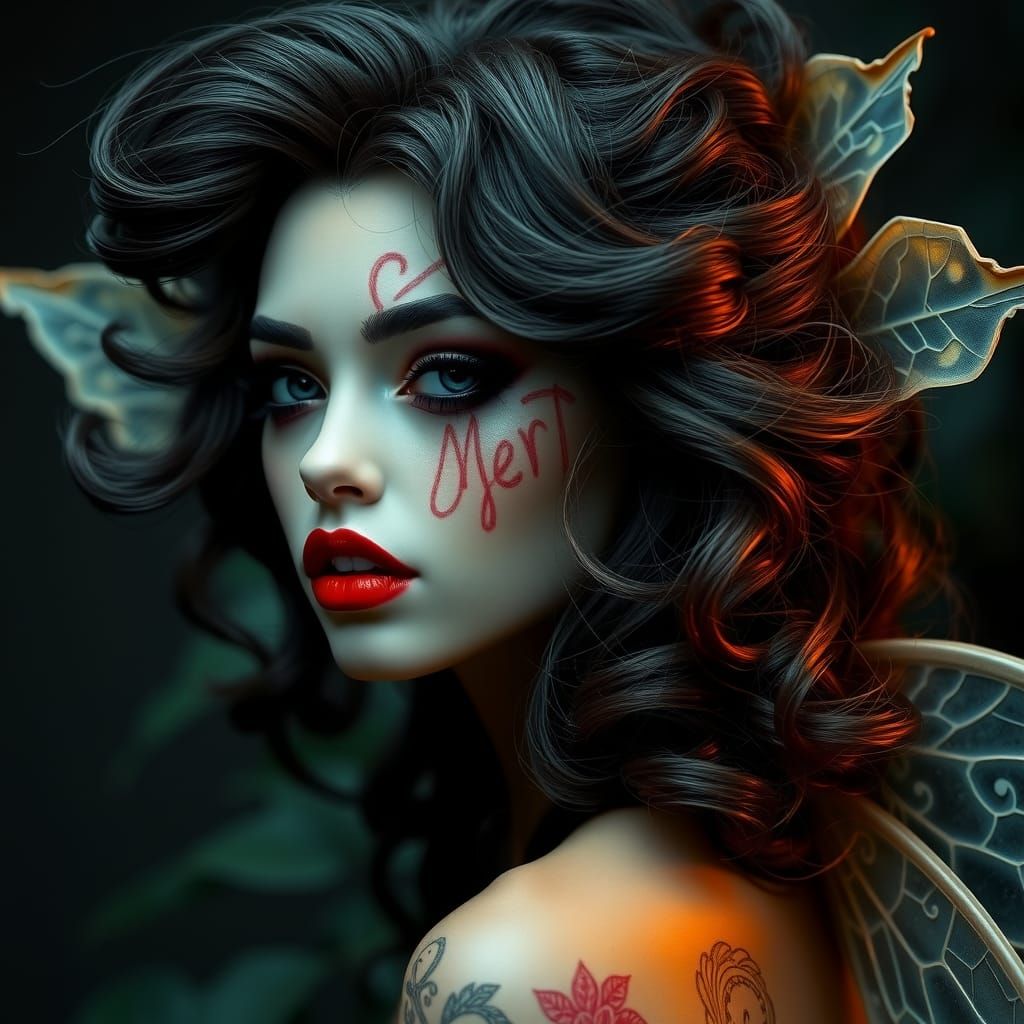 Black Dahlia Fairy with Wavy Hair and Glossy Lips