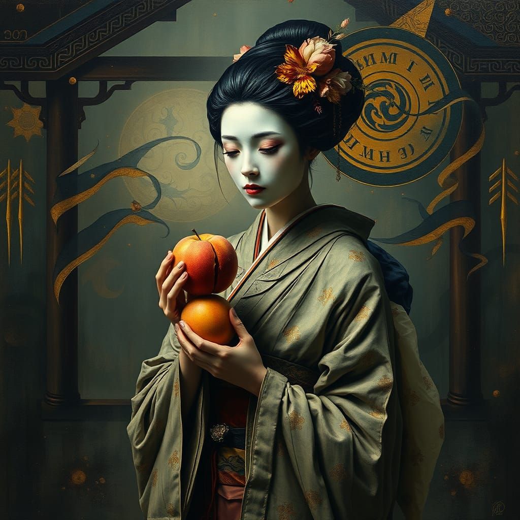 Mournful Geisha with Decaying Peach: Impasto Surrealism