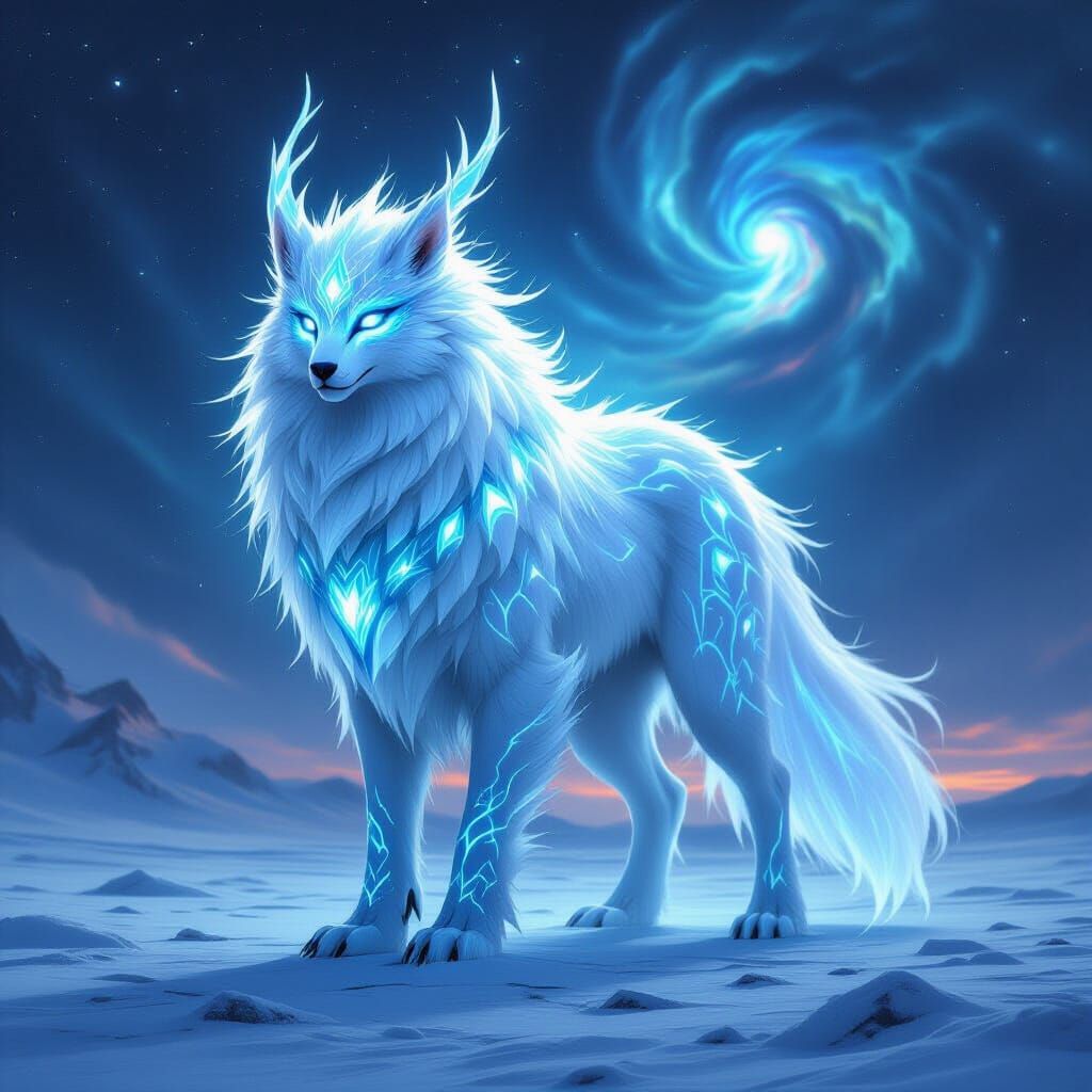 Ethereal Creature on Frozen Plain Under Nebula