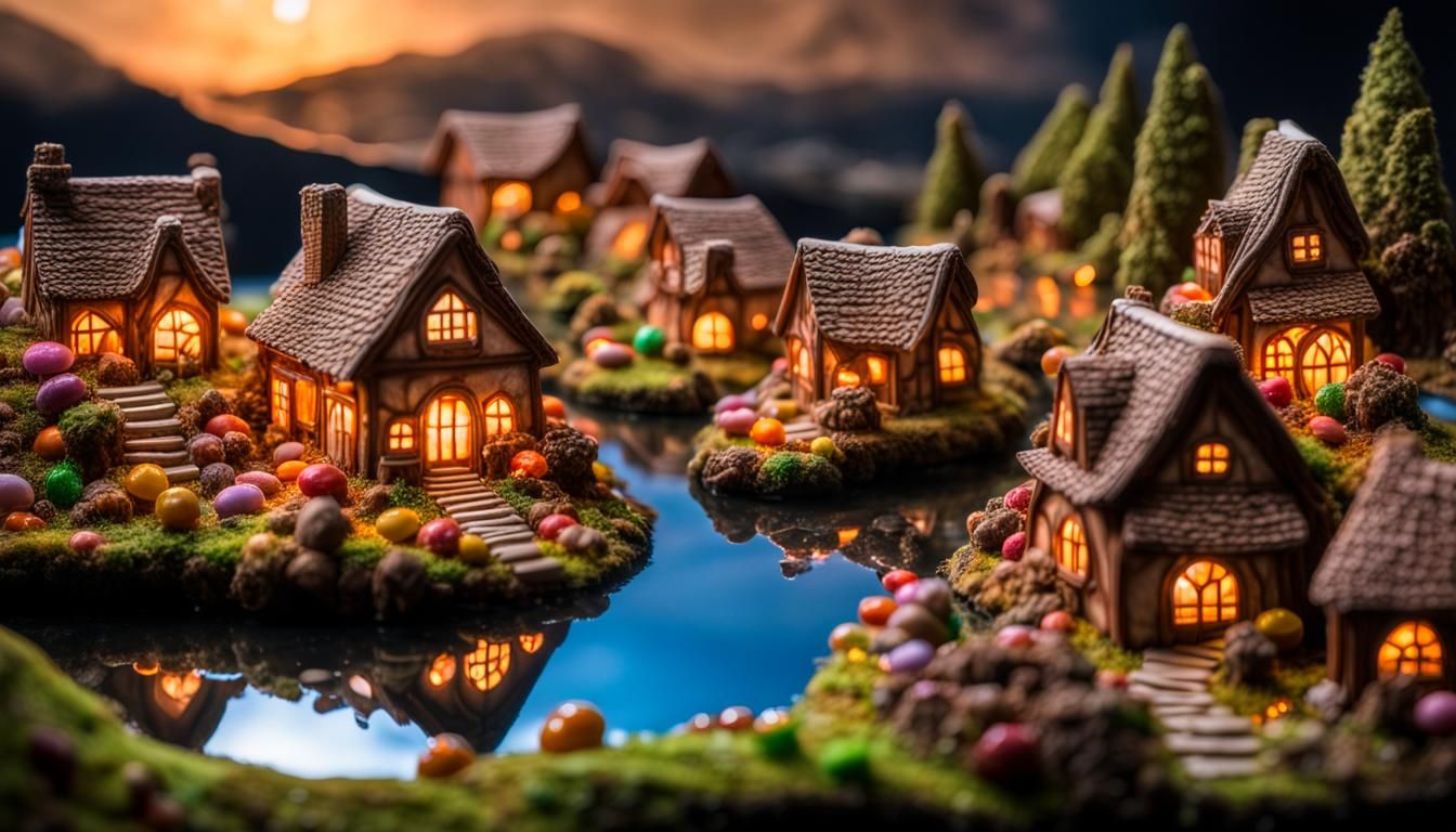 Candy Hobbit Village Under Moonlight, Hyper-Realism