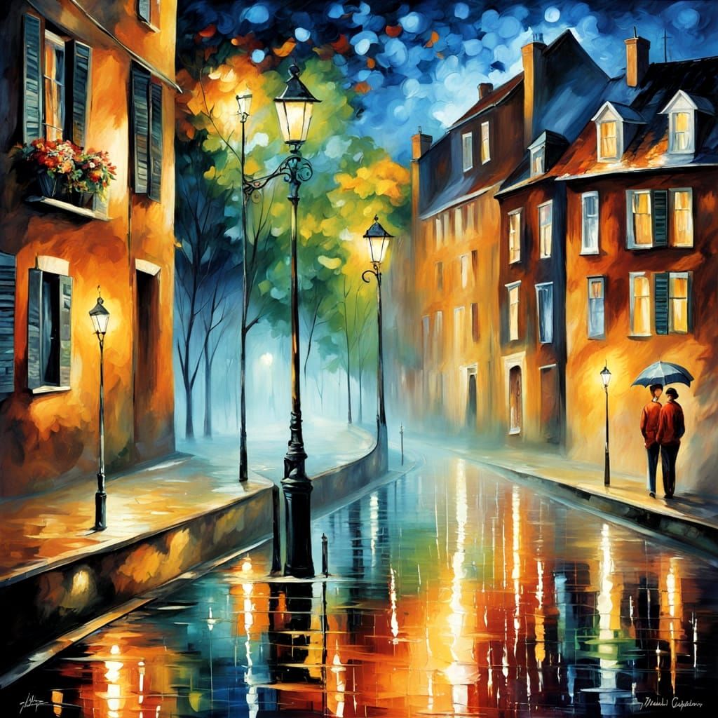 Rainy Night Coastal Town in Impressionist Style
