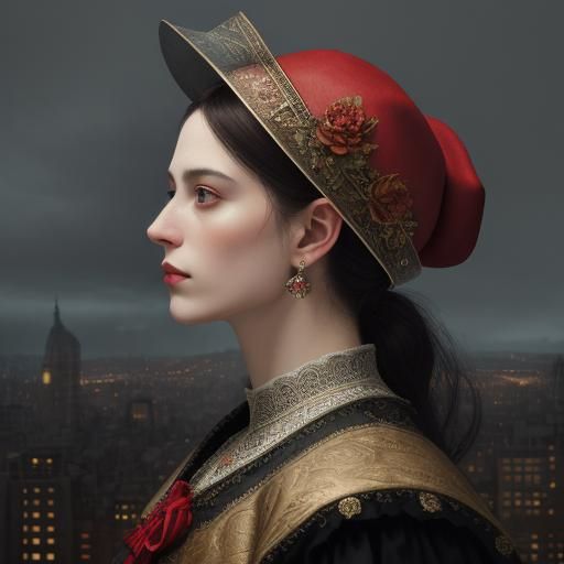 Renaissance Woman with Cityscape Double Exposure