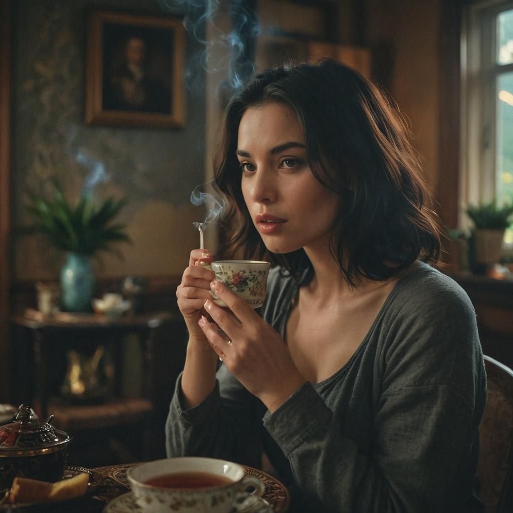 Pensive Woman Sipping Tea: Cinematic Film Still