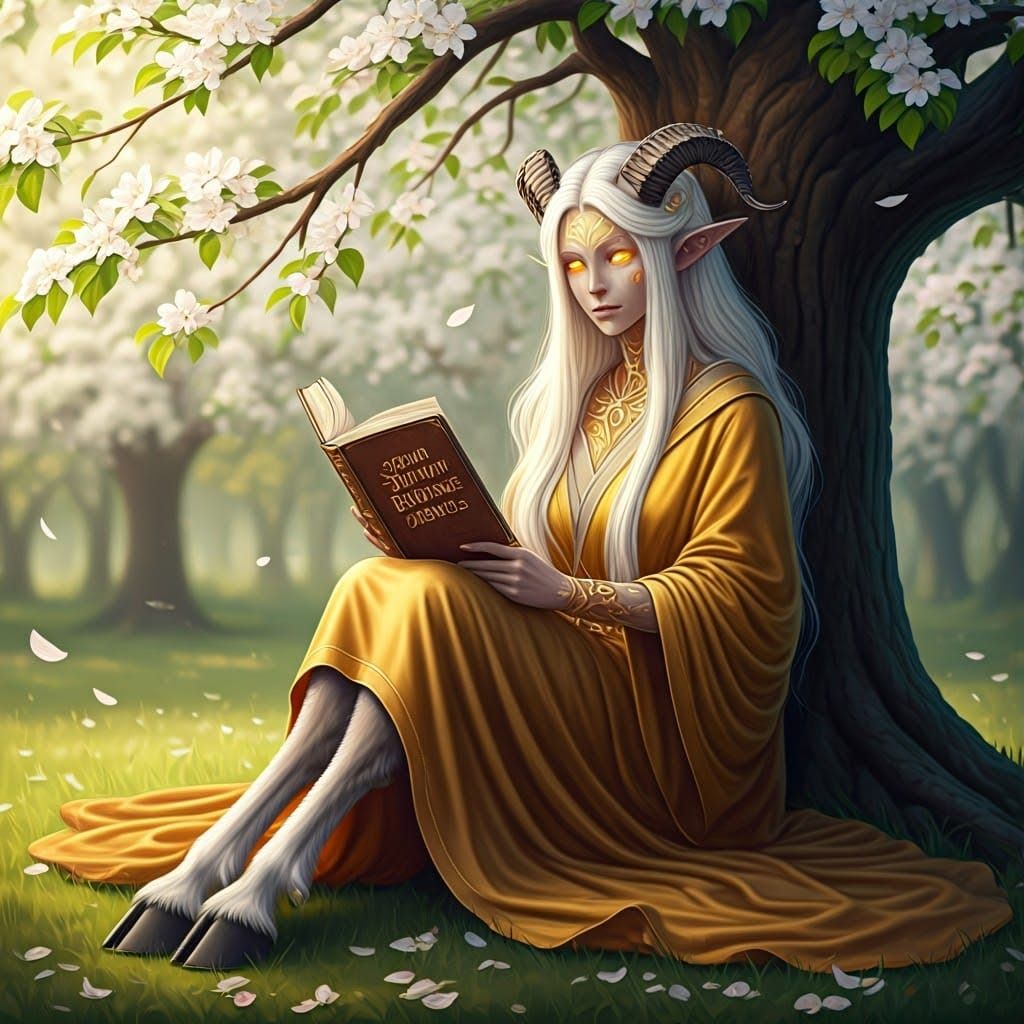 Mystical Woman Reading Beneath Blossoming Tree