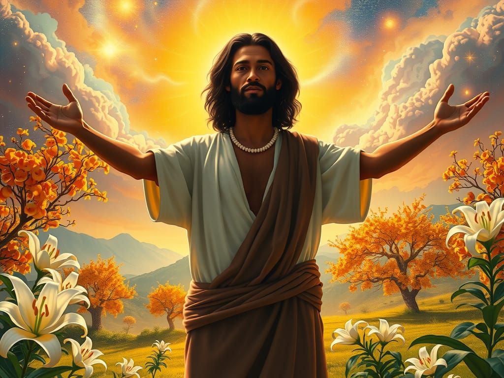 Serene Divine Resurrection Scene in Vibrant Garden with Cosm...