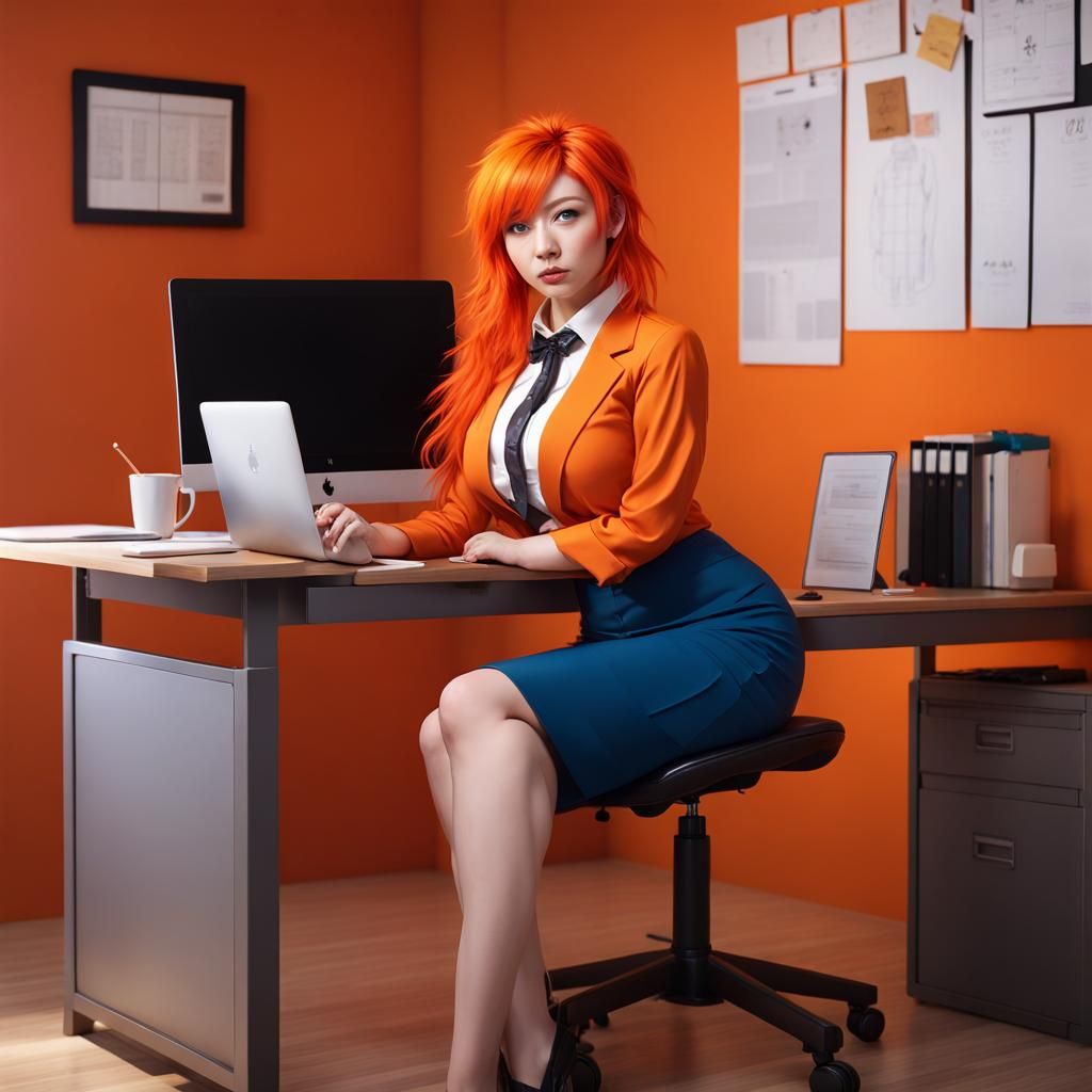 Alt Japanese Woman with Orange Hair in Anime Style