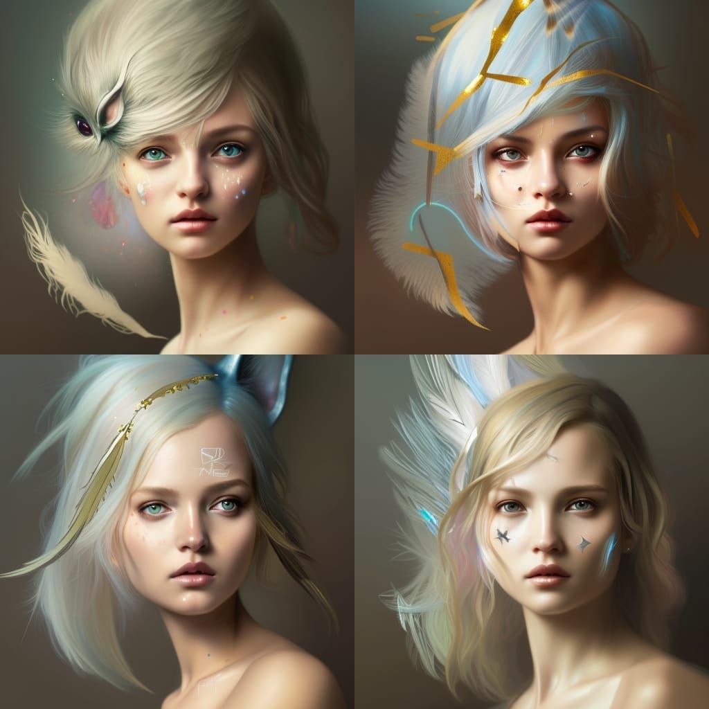 Silver skin metallic bunnie girl golden hair feathers stars ...