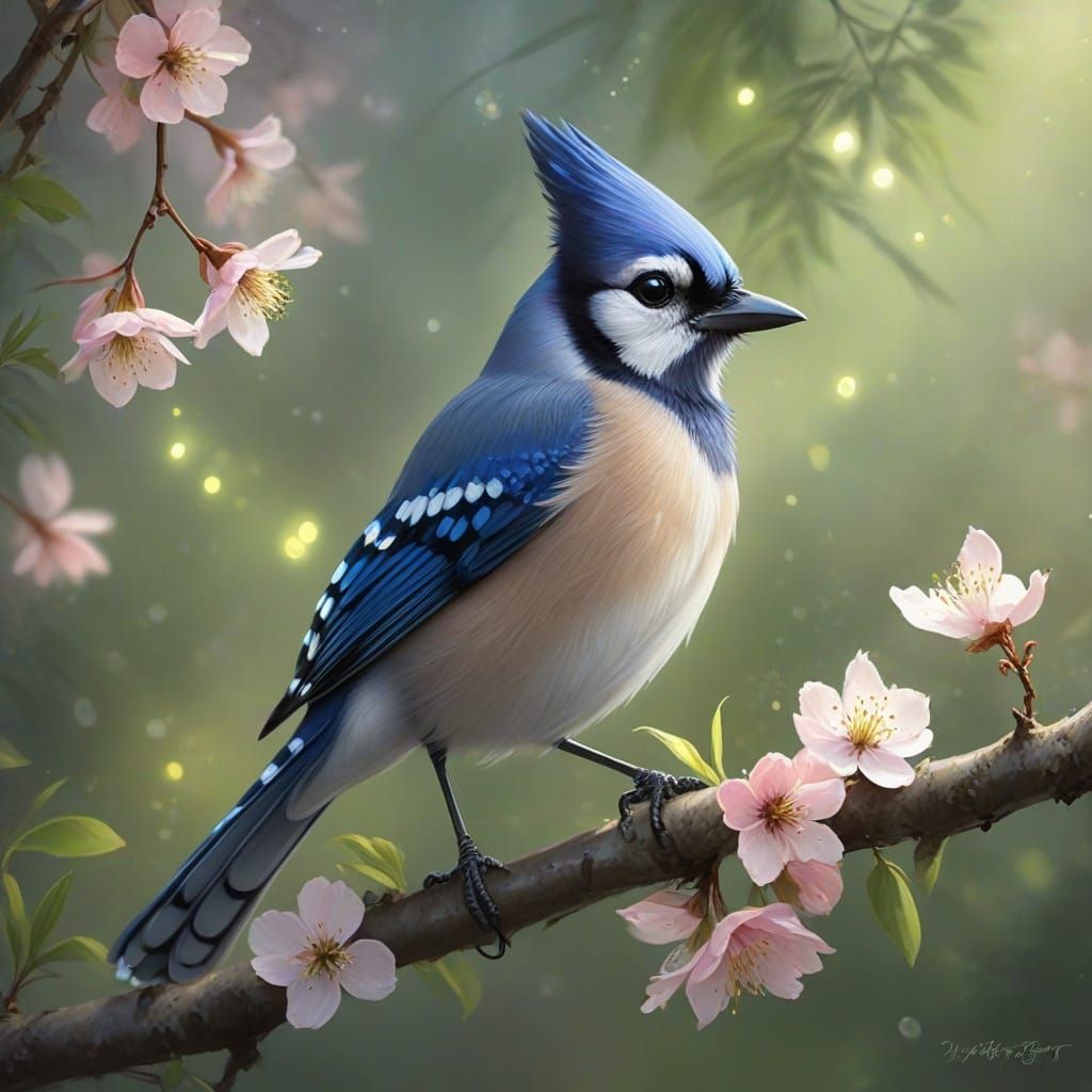 Serene Bluejay Amidst Twilight Cherry Blossoms
