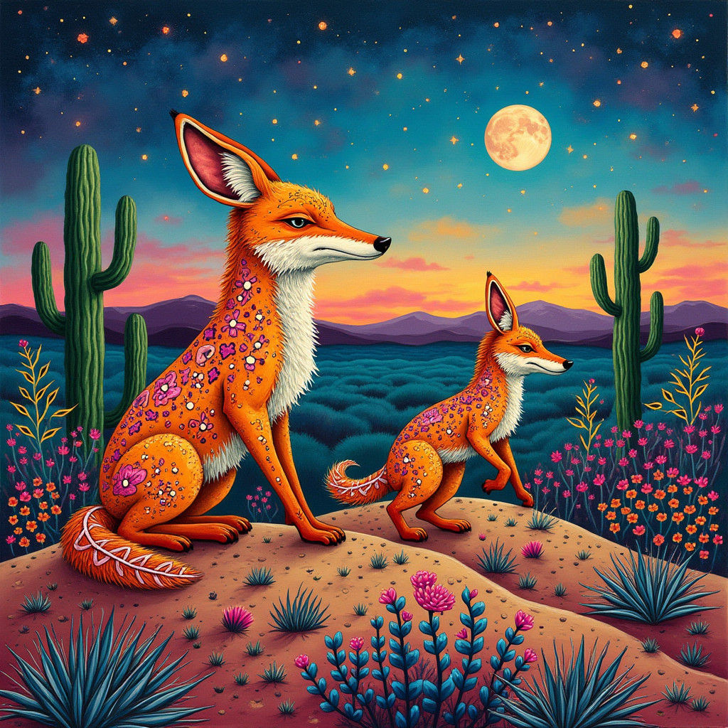 Coyotes' Spiritual Quest in Naive Folk-Art Style
