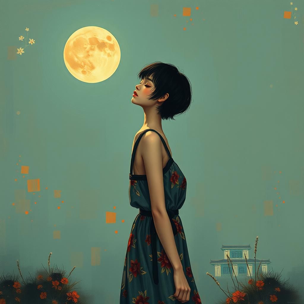 Woman Under Moonlight in Retro Ink and Acrylic Style