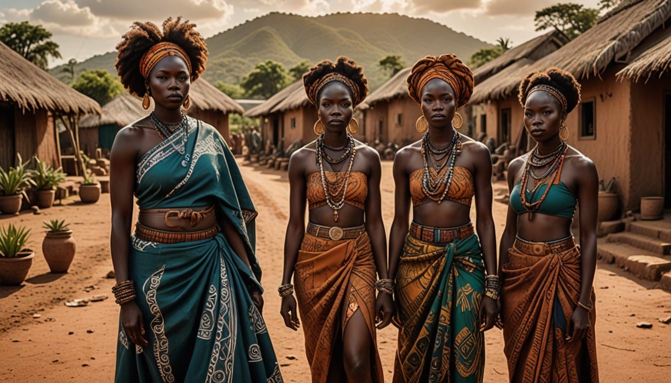 Regal Black Women in Vibrant African Village
