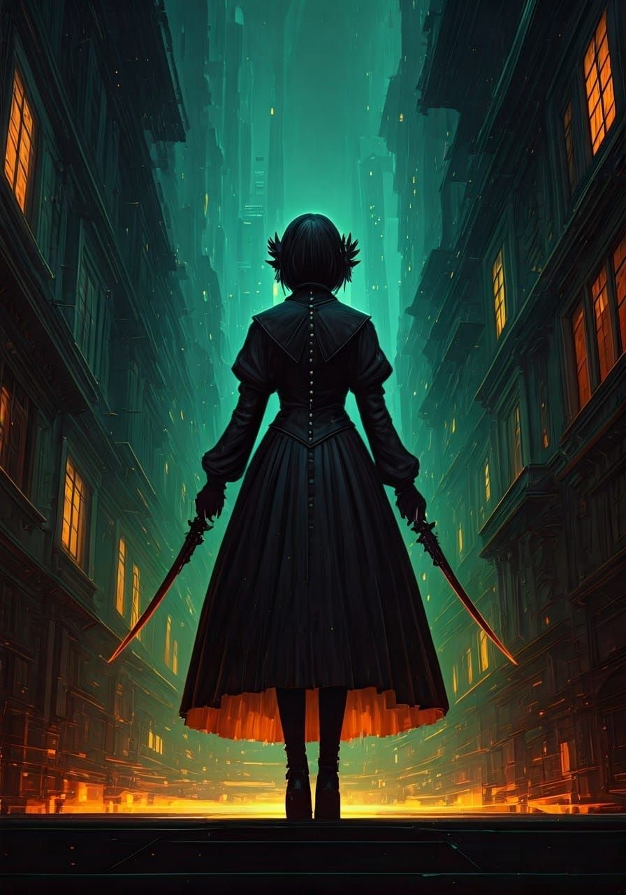 Bioluminescent Gothic Girl in Vibrant Cityscape