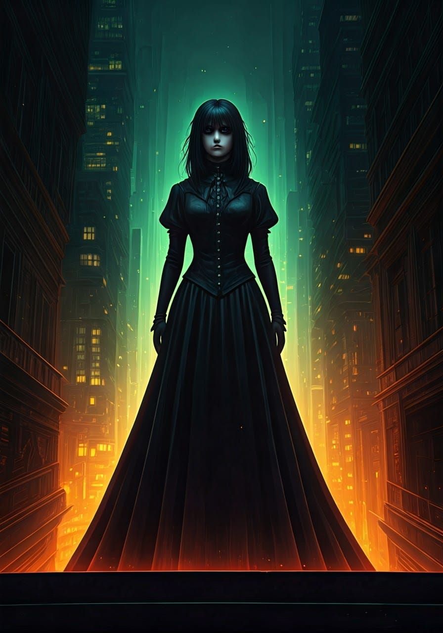 Bioluminescent Gothic Girl in Vibrant Cityscape
