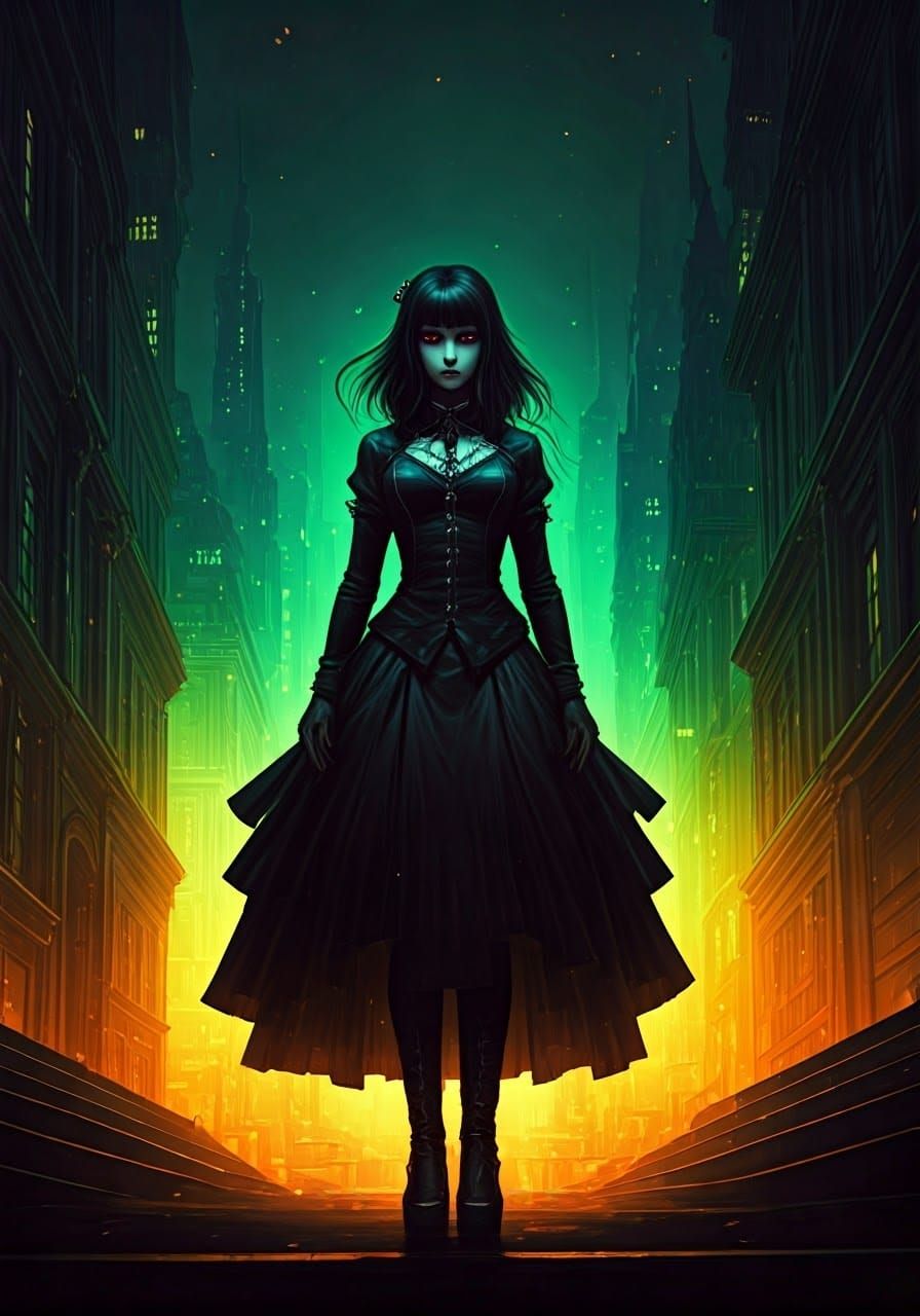 Gothic Girl in Bioluminescent Cityscape