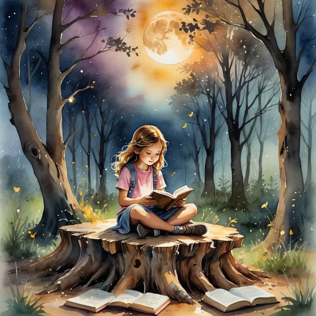 Magical Girl in Forest: Whimsical Watercolor Illustration