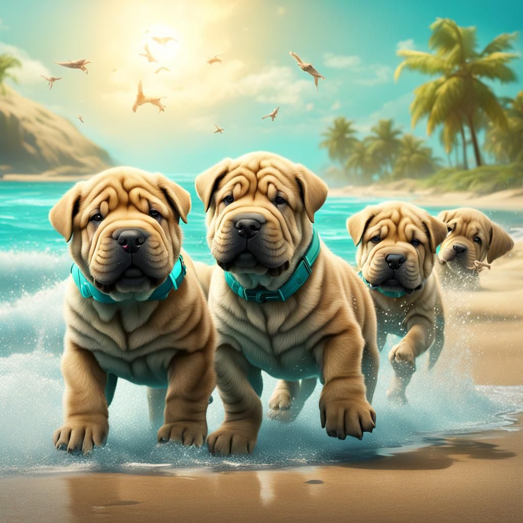Shar Pei Puppies Play on a Sparkling Beach