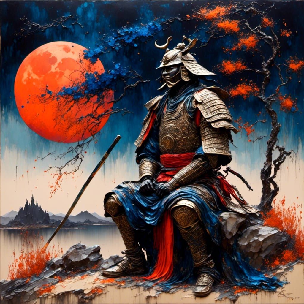 Samurai and Red Moon as Digital Oil Painting