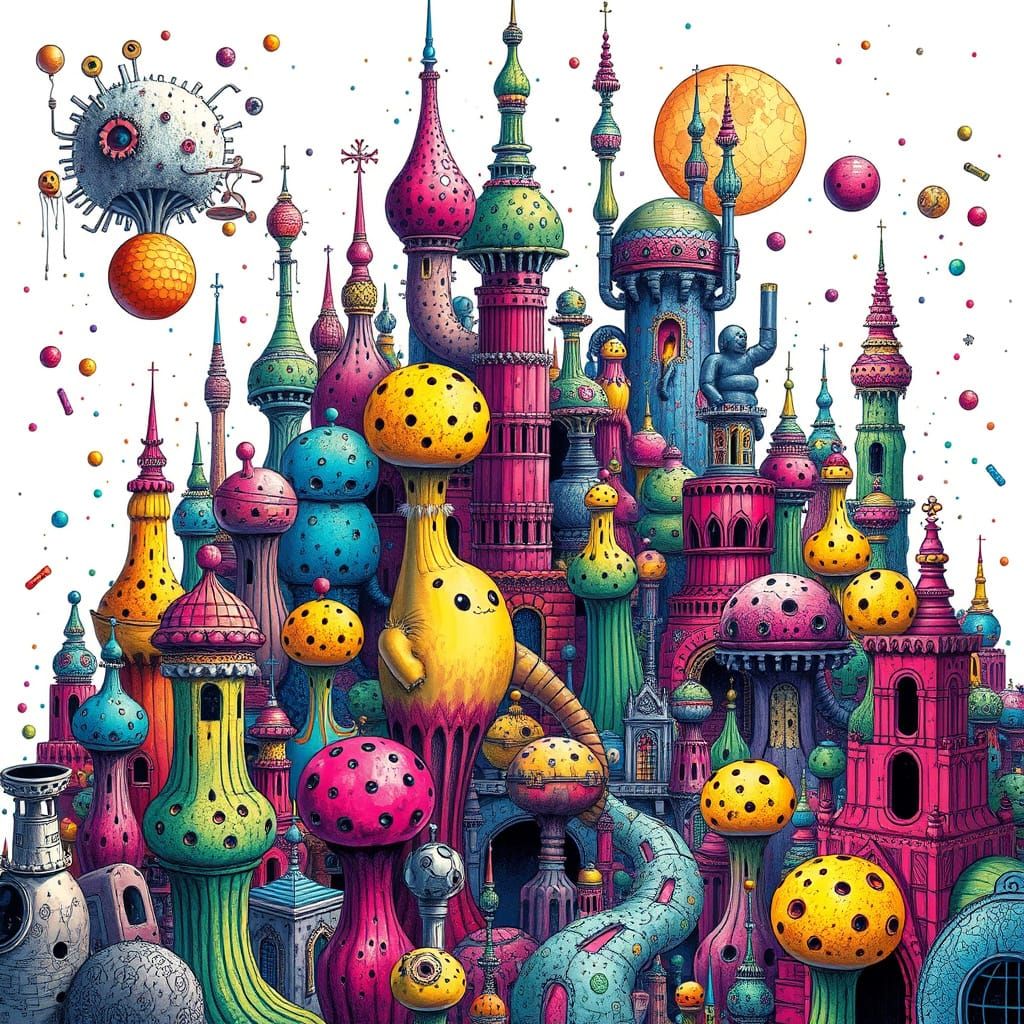 Surreal Cityscape in Whimsical, High-Detail Style